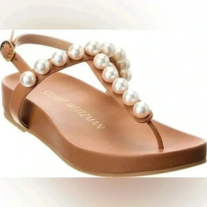 Stuart Weitzman‎ NWOB Women's Goldie Pearl Demi Wedge Thong Sandals Size 5.5